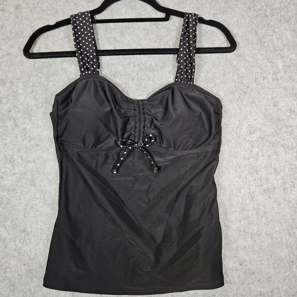 Women Black Pink Polka Dot Tankini Top Pinup Summer Vacation Resort Swim Sz L